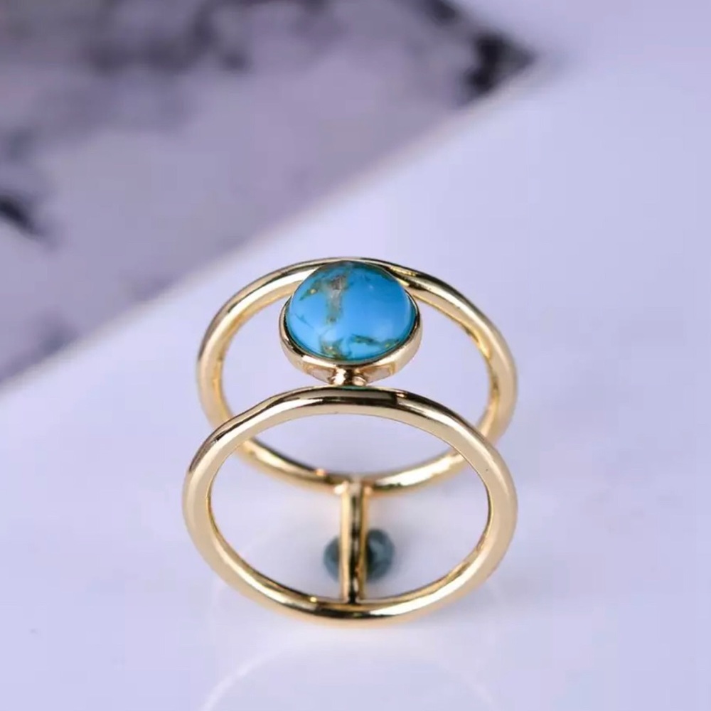 Vintage Gold Double Band Turquoise Ring - Picture 6 of 9